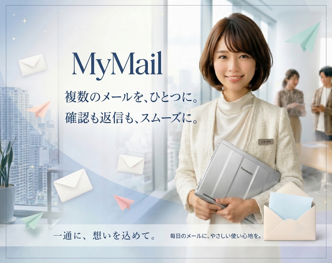 青いブラウスの女性と封筒、MyMailのメール紹介バナー